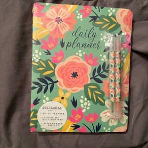 Daily Planner Floral Notebook with Matching Pens - Mint, Pink, Yellow
